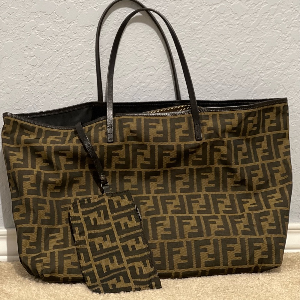 [ SOLD ] 100% Authentic FENDI Nylon Zucca Pattern 8BH005 Tote Bag Brown Used